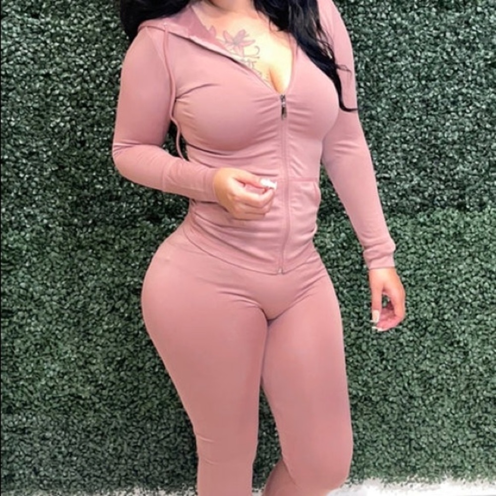 Pink 2 Piece Zip Hoodie Track Suit with Leggings Tights Sexy Crepe Material